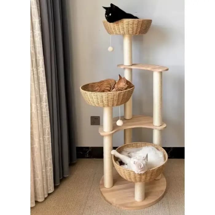 Tour à chat multi-niveaux en bois gris du sol au plafond, arbre à chat en bois