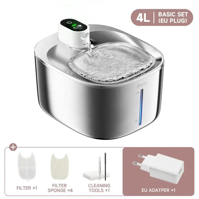 4L Fontaine a Eau Chat sans Fil en Acier Inoxydable