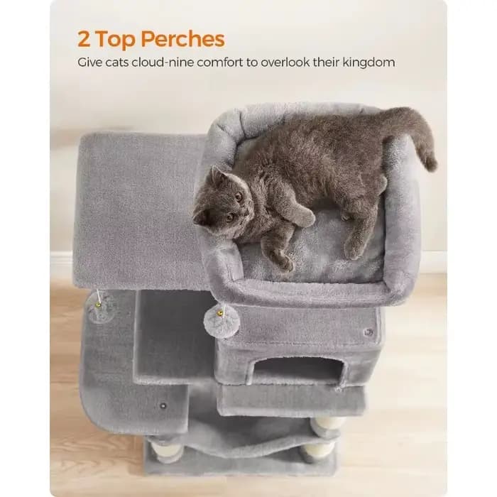 Arbre à chat pour chats d'intérieur, design multi-niveaux de 44,1 pouces avec 4 poteaux à gratter, perchoirs, hamac et grotte pour fournitures pour animaux de compagnie
