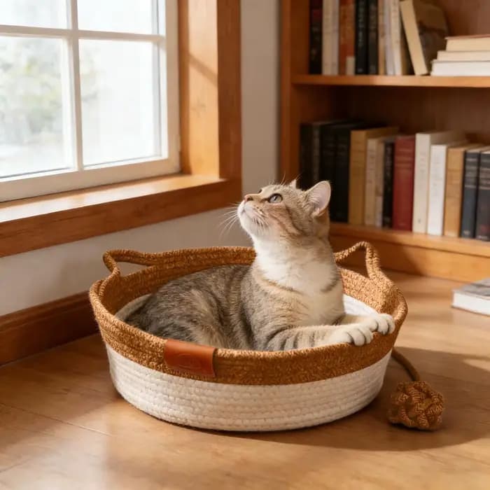 Panier Instinct pour chats, tressé à la main en corde de coton, lit d'enrichissement avec jouet en forme de queue et d'oreilles de chat, pour chiots, lapins et petits animaux