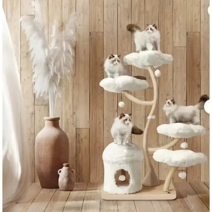 Arbre à chat moderne en bois avec motif floral