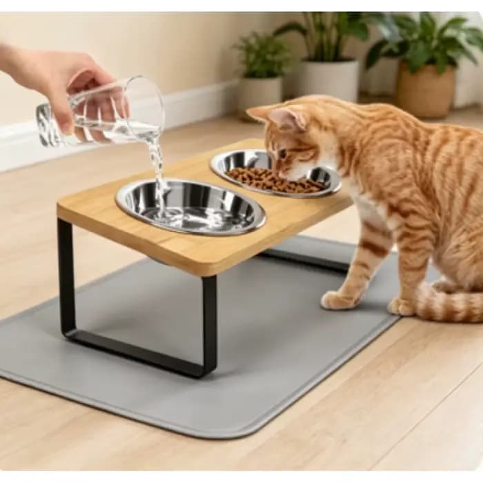 Ensemble de gamelles surélevées et inclinées pour chat avec tapis antidérapant