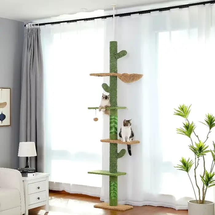Arbre à chat réglable en hauteur pour intérieur, tour pour chat du sol au plafond avec poteaux à gratter, condo pour chat, hamac et balles suspendues