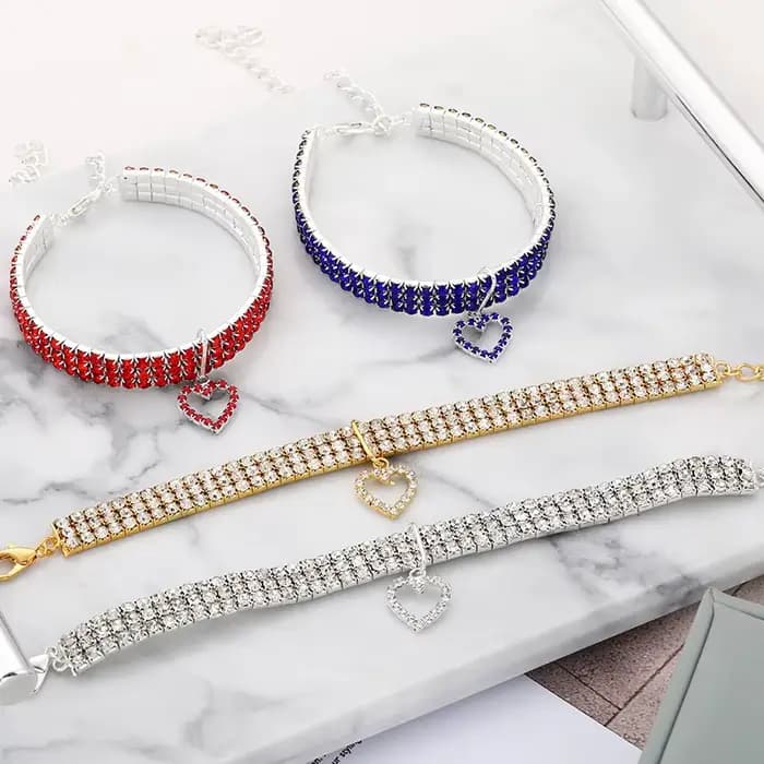 Collier élastique à trois rangées de strass pour animaux de compagnie