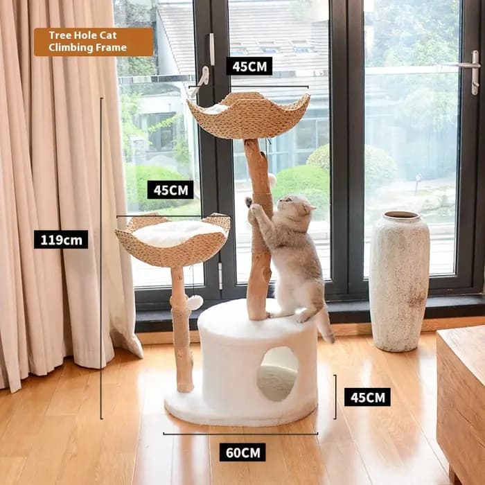 Arbre à chat de luxe en bois naturel avec trou d'arbre