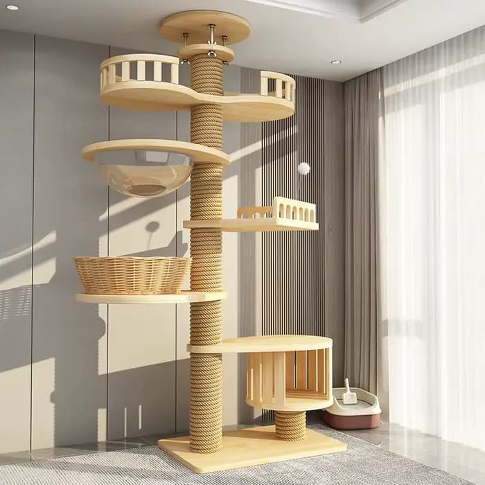 Arbre à chat haut sur pied, grande Structure d'escalade de luxe en bois massif pour chat avec plates
