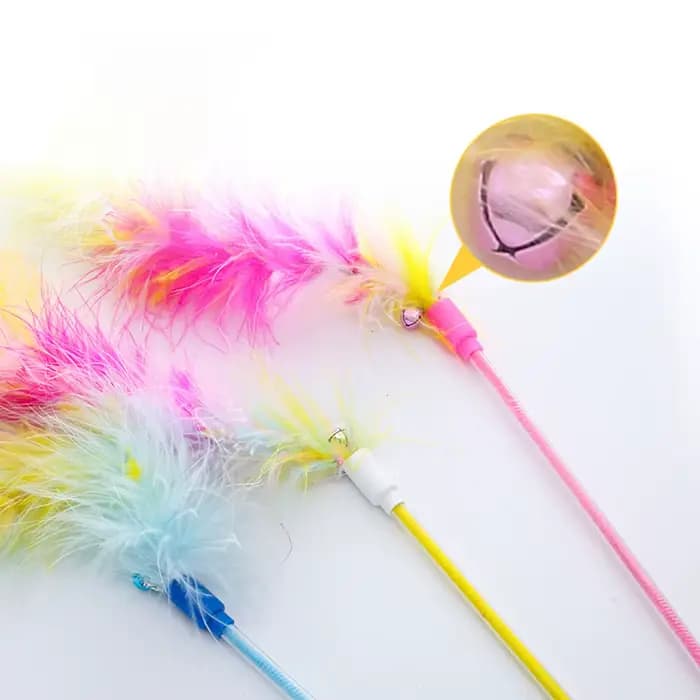 Baguette teaser pour chat en plumes arc-en-ciel, jouet interactif coloré pour chat, jeu amusant de chasse et de gonflage pour chatons et chats adultes,