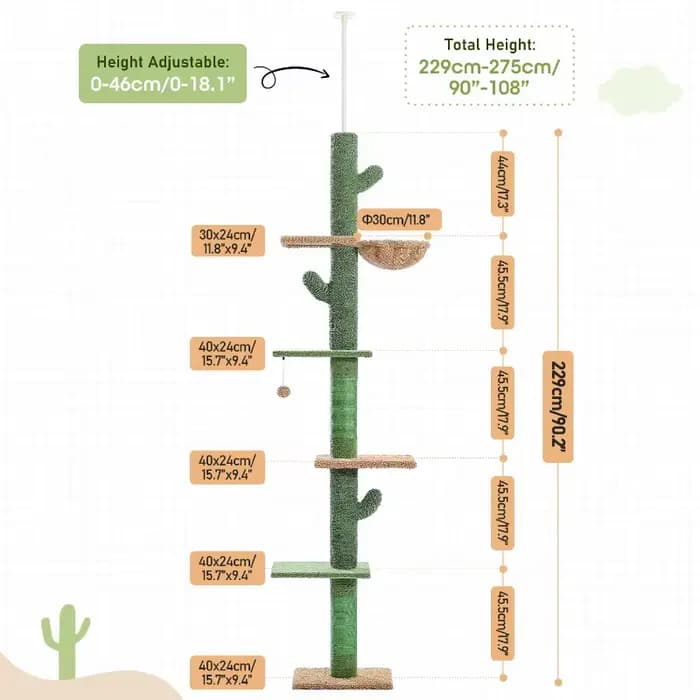 Arbre à chat réglable en hauteur pour intérieur, tour pour chat du sol au plafond avec poteaux à gratter, condo pour chat, hamac et balles suspendues