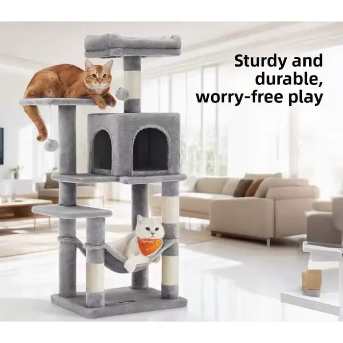 Arbre à chat pour chats d'intérieur, design multi-niveaux de 44,1 pouces avec 4 poteaux à gratter, perchoirs, hamac et grotte pour fournitures pour animaux de compagnie