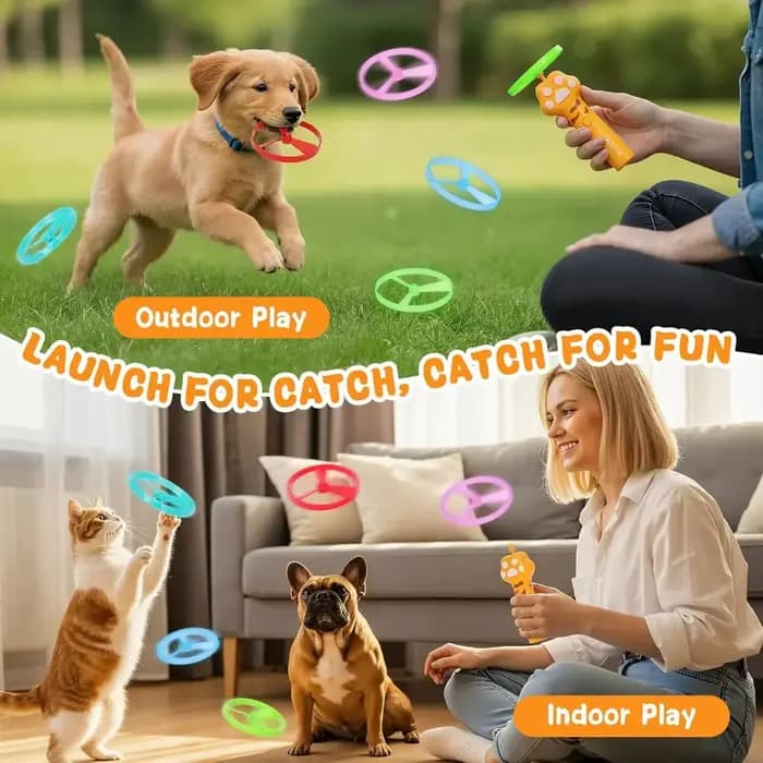 Lanceur de disques rechargeable pour chat avec 6 toupies volantes – Jouet interactif de chasse pour animaux de compagnie