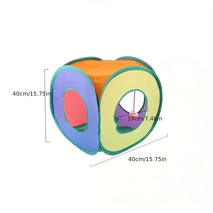 Tunnel carré pliable arc-en-ciel pour chat avec balle suspendue, abri interactif pour animaux de compagnie, maisonnette de jeu, grotte pour chat
