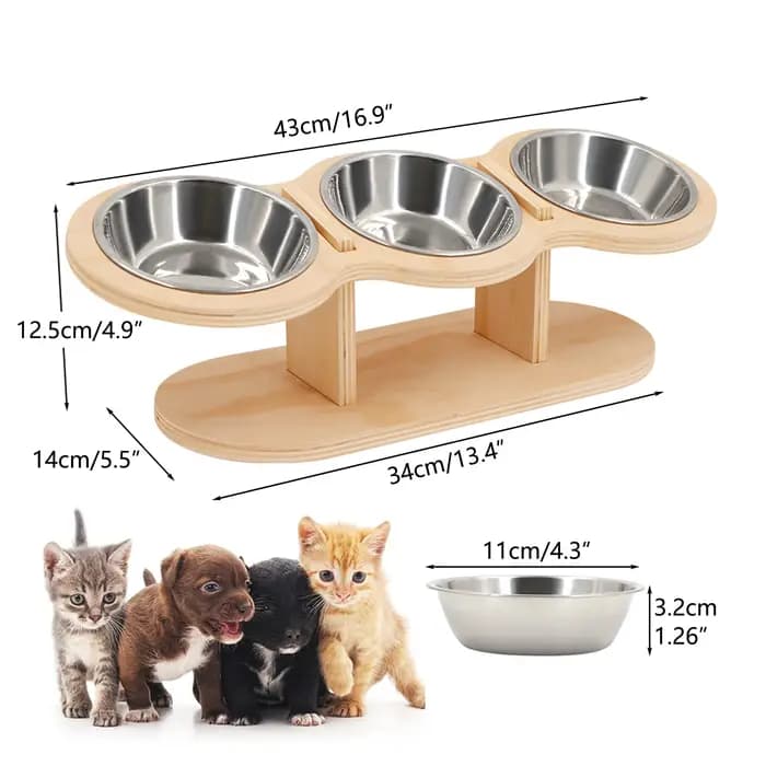 Bols surélevés pour chat, mangeoire surélevée sur pied en bois avec 3 bols en acier inoxydable, fournitures d'alimentation et d'arrosage pour chiots et chats, accessoires