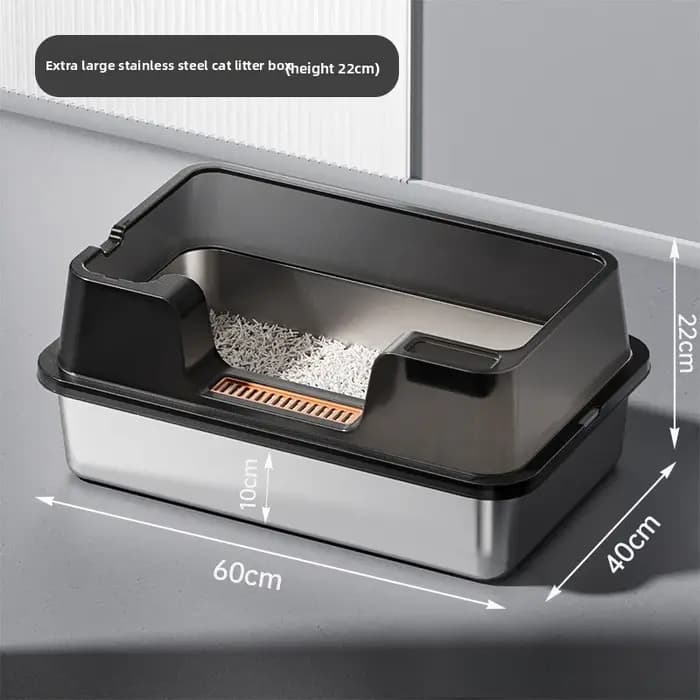 Bac à litière pour chat en acier inoxydable XL, bac à litière en métal avec pelle pour chat de grande taille, côtés hauts, enclos, toilette pour chat anti-adhésive