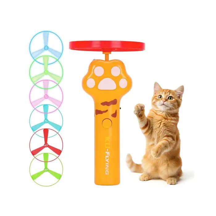 Lanceur de disques rechargeable pour chat avec 6 toupies volantes – Jouet interactif de chasse pour animaux de compagnie