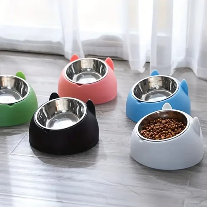 Gamelle 2-en-1 en acier inoxydable pour chat avec support oreilles mignonnes