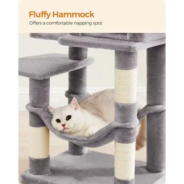 Arbre à chat pour chats d'intérieur, design multi-niveaux de 44,1 pouces avec 4 poteaux à gratter, perchoirs, hamac et grotte pour fournitures pour animaux de compagnie